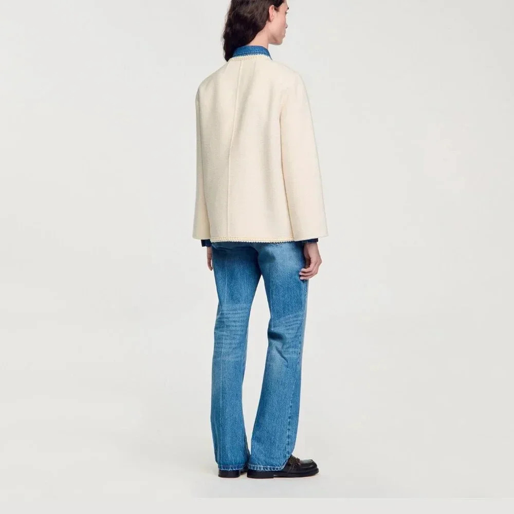 Sandro Cream Preppy Coat with Braided Trim - Picture 5 of 11